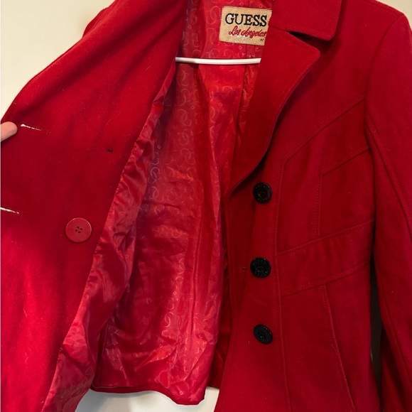 Vintage Y2K GUESS Preppy Pea Coat Women's Cherry Red Wool Jacket - Size Small - Picture 8 of 14